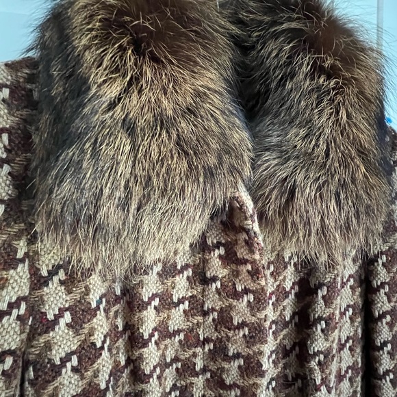 Marvin Richards VTG NEW Houndstooth Wool Coat with Fox Fur Collar Size 10 - Picture 2 of 14